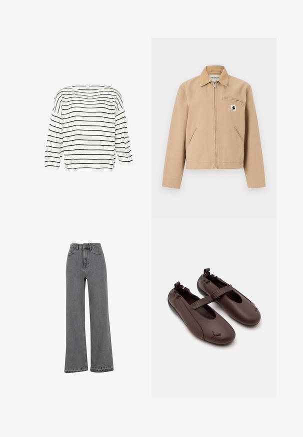 Veste de travail beige avec fermeture éclair frontale, col en velours côtelé, poches latérales et poche poitrine zippée avec patch logo Carhartt.; Haut en tricot blanc avec des rayures horizontales noires, décolleté large et manches trois-quarts. Coupe simple et décontractée, texture lisse. Pas de matériel visible.; Jean large en denim gris lavé. Taille haute avec coutures visibles, deux poches avant et finition à bords bruts. Texture légère.; Chaussures style Mary Jane en cuir marron avec dos élastique, une bride sur le cou-de-pied et logo Puma sur les bouts arrondis.