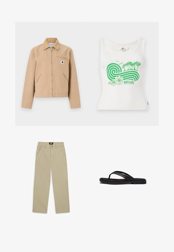 Beige werkjack met ritssluiting aan de voorkant, corduroy kraag, zijzakken en een borstzak met ritssluiting met Carhartt-logo patch.; Witte geribbelde tanktop met een groen motief van palmbomen, golven, hibiscusbloemen, vogels en de tekst "RIP CURL" op de voorkant.; Beige katoenen broek met een rechte pijp, voorzien van zijzakken en een knoopsluiting. Gladde textuur met zichtbare stikseldetails.; Zwarte flip-flops met een zacht rubberen zool en elegante synthetische banden. Het ontwerp bevat minimale hardware en heeft een laag profiel.