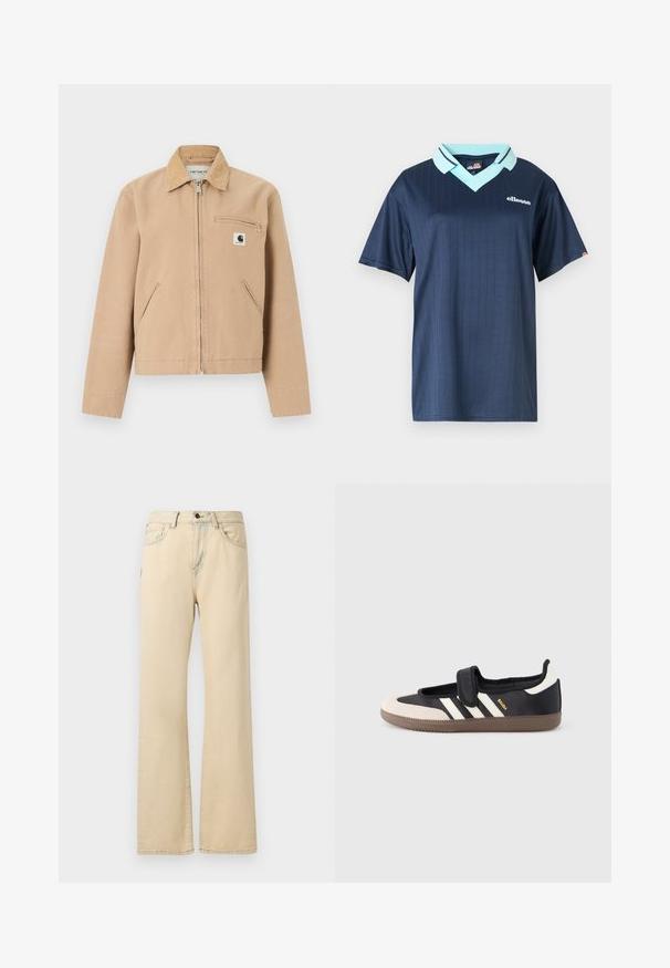 Beige arbejdstøjjakke med frontlynlås, kordfløjlsrib i kraven, sidelommer og brystlomme med lynlås og Carhartt-logo patch.; Mørkeblå kortærmet polo skjorte med lys blå krave og lodret stribemønster. Har et hvidt brandlogo på brystet.; Beige vide ben jeans lavet af denimstof, med høj talje, frontlommer, knappelukning og kontrast-syninger.; Sort og beige sko med velcrolukning, tre hvide striber på siden og en tekstureret brun gummisål. Mærkelogo er synligt.