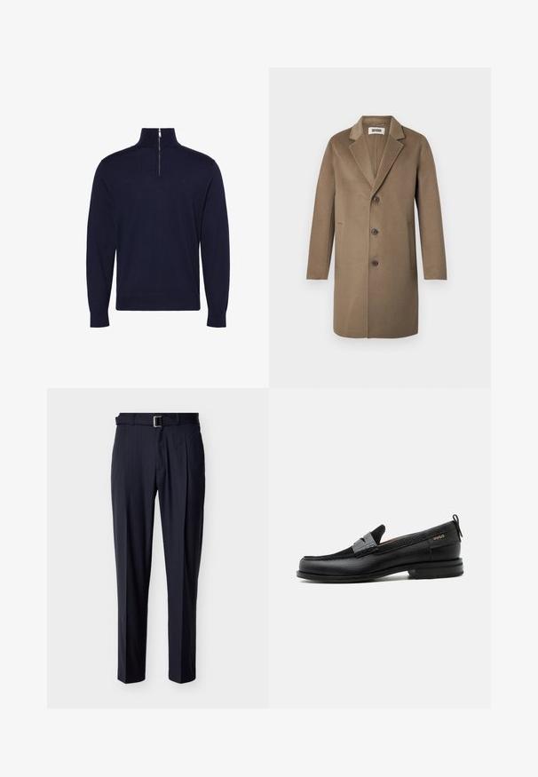 Brun uldfrakke med slået krave, tre knapper, sidelommer og en glat tekstur. Skræddersyet pasform med et klassisk design.; Mørkeblå langærmet sweater med høj krave og en halvlukning med lynlås foran i midten, med lille broderet logo på brystet.; Marineblå ternede skræddersyede bukser med et matchende bælte og en sølvfarvet rektangulær spænde, lagt fladt på en lys baggrund.; Sort læderloafer med grå remdetalje, lav hæl og tekstureret sål, mærket med "HUGO" i guld på siden.
