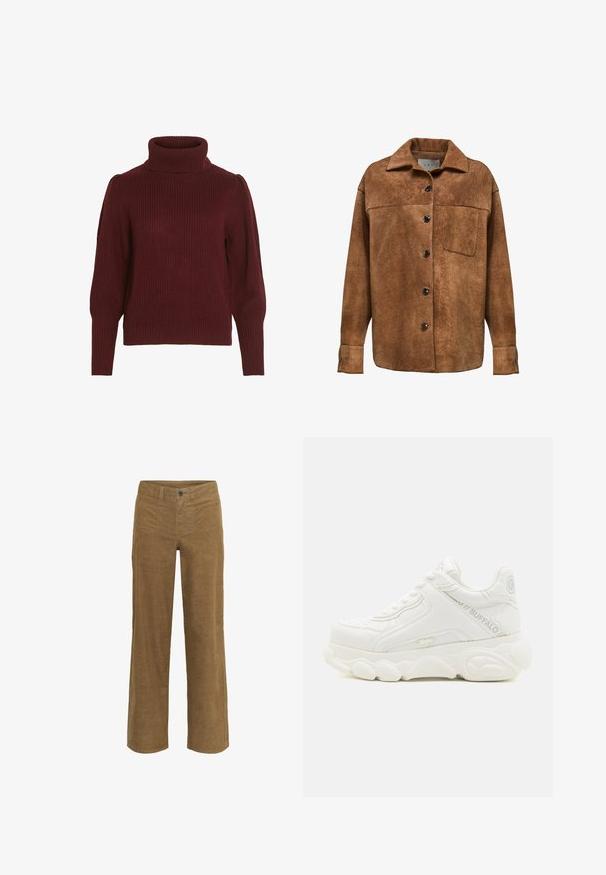 Chemise veste longue en daim marron à manches longues, avec des boutons noirs, une poche poitrine avant et un col large.; Pull en tricot bordeaux avec un col montant, texture côtelée, manches longues et détails froncés sur les épaules.; Kaffe KAMOLLY - Pantalon classique - toasted coconut; Basket blanche épaisse avec semelle épaisse, design à lacets, et marquage "Buffalo" sur le côté et le talon.