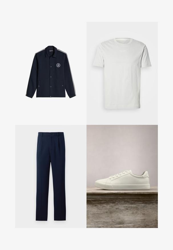 Navyblå jakke med knaplukning, hvide striber på ærmerne, to forlommer og et rundt Marc O’Polo-logo på venstre bryst.; Hvid bomulds t-shirt med korte ærmer, rund halsudskæring og et lille logo på brystet. Blød tekstur og en klassisk pasform. Ingen mønstre.; Mørkeblå bukser lavet af glat stof, med en enkelt knaplukning, læg og lige ben. Minimalistisk design uden bemærkelsesværdige mønstre.; Hvide snørresneakers svævende over en træbænk med grønne planter i baggrunden, der fremhæver skodesign og tekstur.