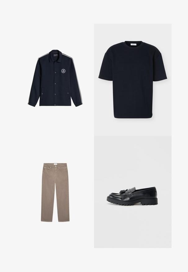 Veste bleu marine avec fermeture à boutons, bandes blanches sur les manches, deux poches avant et un logo circulaire Marc O’Polo sur la poitrine gauche.; T-shirt noir à manches courtes avec col rond, coupe décontractée et tissu subtilement texturé, présenté sur un fond clair uni.; Jeans brun droit à jambe featuring un design à cinq poches, des accessoires en métal et une texture lisse. Le tissu présente un motif subtil et uniforme.; Mocassins en cuir noir avec une finition brillante, semelle en caoutchouc épaisse et détail de frange décoratif à l'avant.
