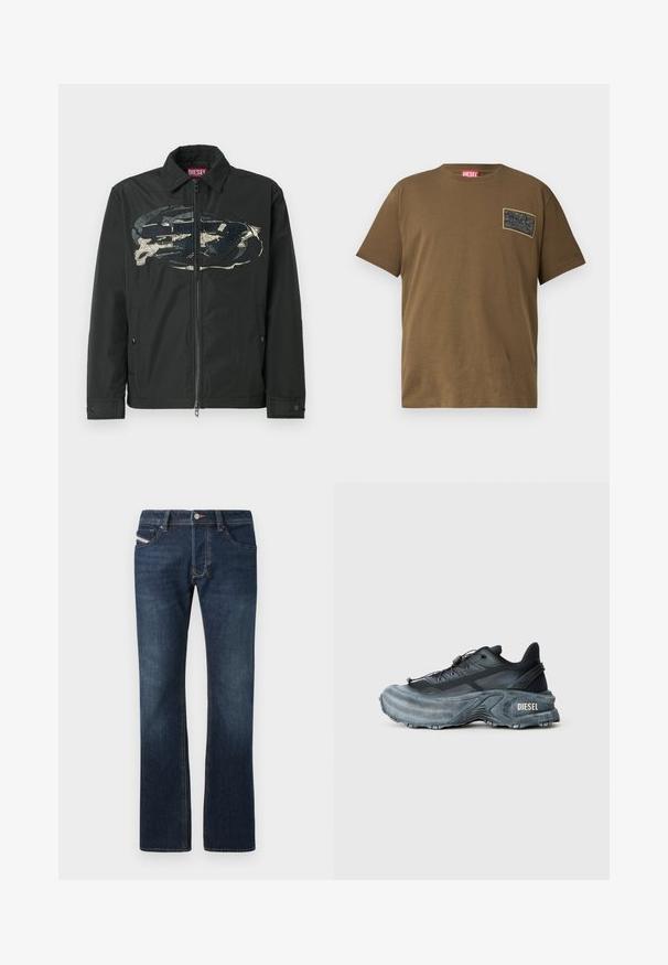 Sort lynlåsjakke med et markant grafisk design på fronten, lavet af et glat materiale med teksturerede accenter og sidelommer.; Brun bomulds T-shirt med rund hals, der har et sort grafikmærke på venstre bryst. Kortærmet og med lige nederkant.; Mørkeblå denim jeans med lige ben, fem lommer og diskrete syningsdetaljer. Har metalknap og lynlås. ; Sort og grå Diesel sneakers med tyk sål, snørrebåndslukning og tekstureret design på en ensfarvet lysegrå baggrund.