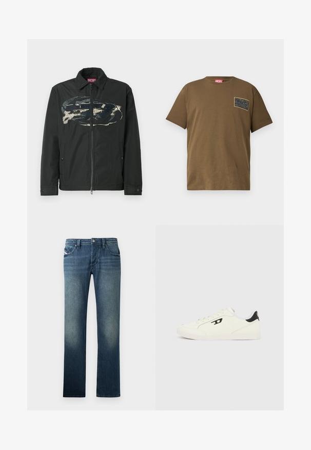 Sort lynlåsjakke med et markant grafisk design på fronten, lavet af et glat materiale med teksturerede accenter og sidelommer.; Brun bomulds T-shirt med rund hals, der har et sort grafikmærke på venstre bryst. Kortærmet og med lige nederkant.; Dongeribukser i mørkeblue med en klassisk lige ben-pasform. Har fem lommer og subtil bleget effekt for ekstra tekstur. Knapper og syninger er synlige.; Hvide sneakers med en tekstureret overdel, der har sorte accenter på hælen og et logo på siden. Snøret design og gummisål.
