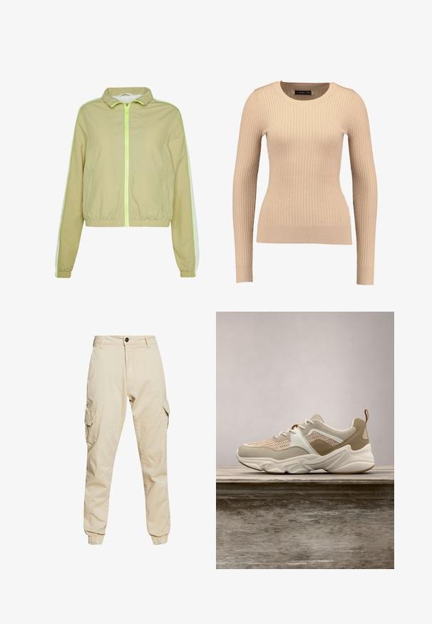 Veste coupe-vent verte claire avec une fermeture éclair à l'avant, une taille élastique et des rayures blanches sur les côtés. Fabriquée dans un matériau lisse et léger.; Pull long à manches longues en beige clair, fabriqué dans un tissu extensible. Présente un col rond et une silhouette ajustée avec des poignets resserrés.; Pantalons cargo beiges avec une coupe classique, dotés de deux poches latérales, de poignets élastiques et d'un tissu en coton doux à la texture lisse.; Baskets légères avec une tige en mesh beige, des accents blancs et des détails texturés en tan. Semelle en caoutchouc épaisse avec un motif ondulé unique.