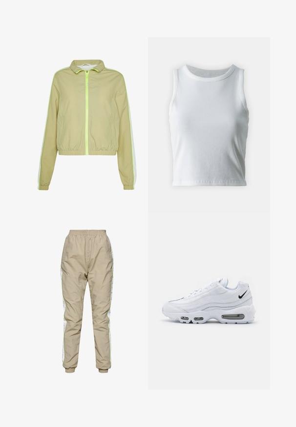 Hellgrüne Windjacke mit einem Reißverschluss vorne, elastischem Bund und weißen Seitestreifen. Hergestellt aus einem glatten, leichten Material.; Weißes, geripptes Tanktop mit runder Ausschnittform und ärmellosem Design, ausgestattet mit einem geraden Saum und einer glatten, dehnbaren Textur.; Beige leichte Trainingshose mit elastischem Bund, weißen seitlichen Einsätzen und neongrüner Paspelierung; elastische Bündchen an den Knöcheln.; Nike Sportswear AIR MAX 95 - Sneaker low - white/black