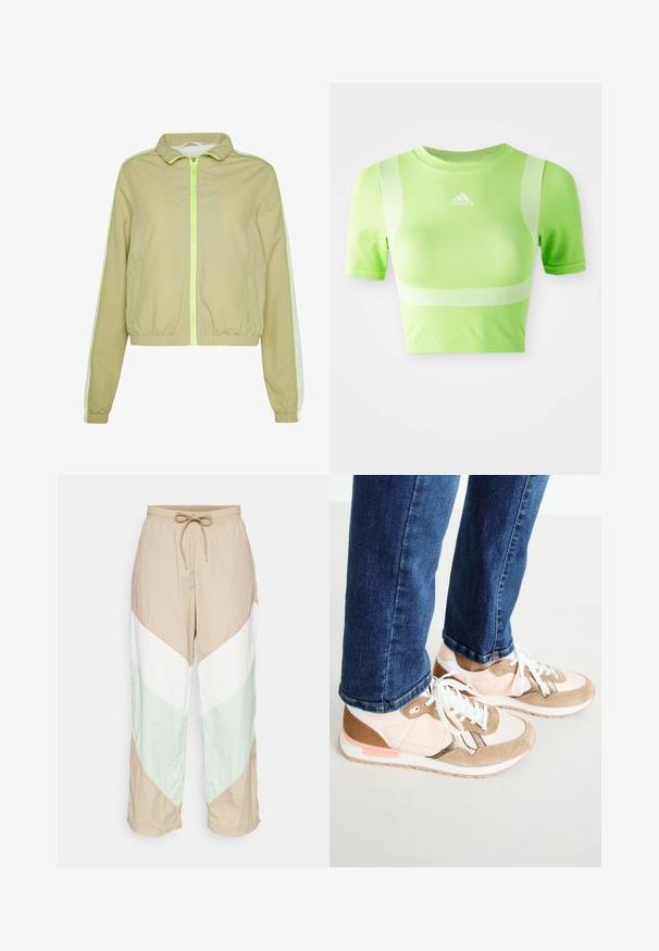 Chaqueta cortavientos verde claro con cremallera frontal, cintura elástica y franjas laterales blancas. Fabricada con un material suave y ligero.; Camiseta deportiva recortada de tejido verde brillante. Presenta mangas cortas, cuello redondo y un patrón de rayas diagonales blancas en los hombros. Logo de adidas en el frente.; Los pantalones ligeros de bloques de color presentan paneles en beige, blanco y verde claro con un diseño en forma de chevrón. Cintura elástica con cordón ajustable.; Zapatillas con una mezcla de piel en color rosa empolvado y ante beige, con cordones blancos, una entresuela blanca y una suela de goma texturizada. Jeans de mezclilla ligeramente recortados por encima del zapato.