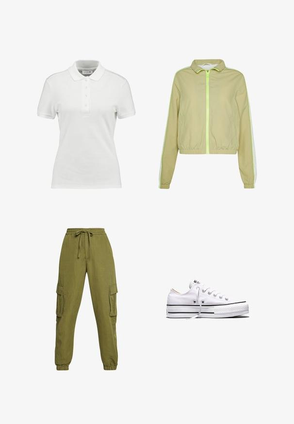 Lys grøn vindjakke med en frontlynlås, elastisk talje og hvide sidelister. Lavet af et glat, let materiale.; Hvid polo-shirt lavet af tekstureret bomuld, med en klassisk krave, tre-knaps placket og et lille Lacoste-logo på brystet.; Oliven grønne cargo bukser med elastisk talje, snøre og ankelsnøre. Har sidelommer og en afslappet, tætsiddende pasform.; Hvid lavtop lærredssneakers med hvide snørebånd, sorte striber på sålen og gummieret tekstureret tåhætte, sidevendt på hvid baggrund.