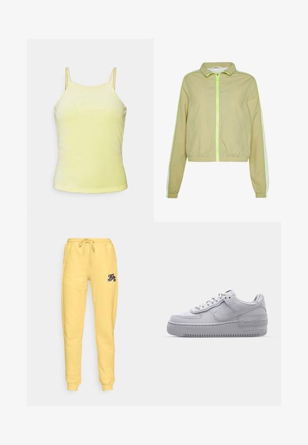 Veste coupe-vent verte claire avec une fermeture éclair à l'avant, une taille élastique et des rayures blanches sur les côtés. Fabriquée dans un matériau lisse et léger.; Débardeur jaune sans manches avec une texture douce, présentant des bretelles fines et un design brodé subtil sur le devant.; Pantalons de survêtement jaunes en mélange de coton doux, avec une taille élastique ajustable par cordon et un petit logo bleu sur la cuisse gauche.; Basket en cuir lisse gris Nike Air Force 1 avec un bout perforé, une semelle épaisse et un détail 'AIR' en relief sur le talon.