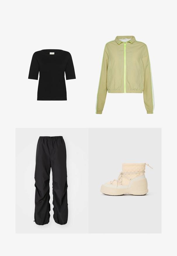 Veste coupe-vent verte claire avec une fermeture éclair à l'avant, une taille élastique et des rayures blanches sur les côtés. Fabriquée dans un matériau lisse et léger.; Un haut tricoté noir à manches courtes avec un large col bateau, une texture côtelée et un ourlet droit. Fabriqué en tissu doux et respirant.; Pantalons noirs avec taille élastique fabriqués en matériau résistant à l'eau. Présente une coupe ample avec des poignets resserrés aux chevilles et sans motifs visibles.; Bottines d'hiver imperméables matelassées beiges avec une semelle épaisse, des lacets sur le côté et un système de fermeture à cordon en haut.