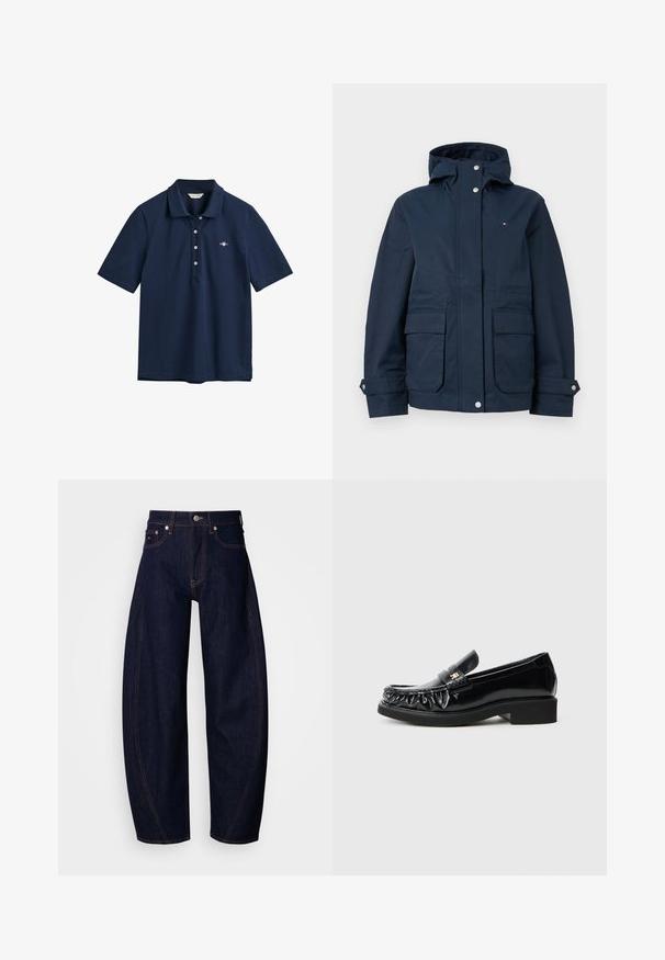 Veste à capuche bleu marine avec fermeture à boutons-pression à l'avant, deux poches à rabat, poignets ajustables et petit logo sur la poitrine.; Polo bleu marine en coton, avec un col classique, une patte de boutonnage à trois boutons et un petit logo brodé sur la poitrine.; Jean en denim bleu foncé à coupe ample, avec une taille haute, des surpiqûres orange, un design classique à cinq poches et une fermeture à bouton.; Mocassins en cuir verni noir avec un bord froncé décoratif, semelle en caoutchouc plate et un petit logo métallique sur la sangle.