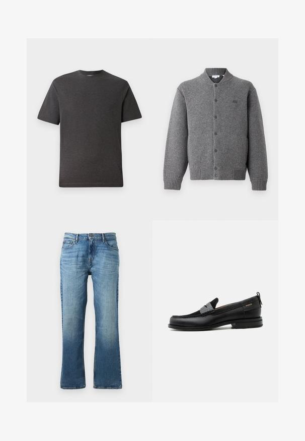 Lacoste Chaquetas bomber - pitch chine; Camiseta de manga corta gris, hecha de una tela suave y ligera, con cuello redondo y costuras mínimas. Apta para uso casual.; Jeans de mezclilla azul claro con corte recto, que presentan un acabado desgastado, cinco bolsillos y un cierre de botón con herrajes de metal.; Mocasín de cuero negro con detalle de tira gris, tacón bajo y suela texturizada, con la marca "HUGO" en oro en el lateral.