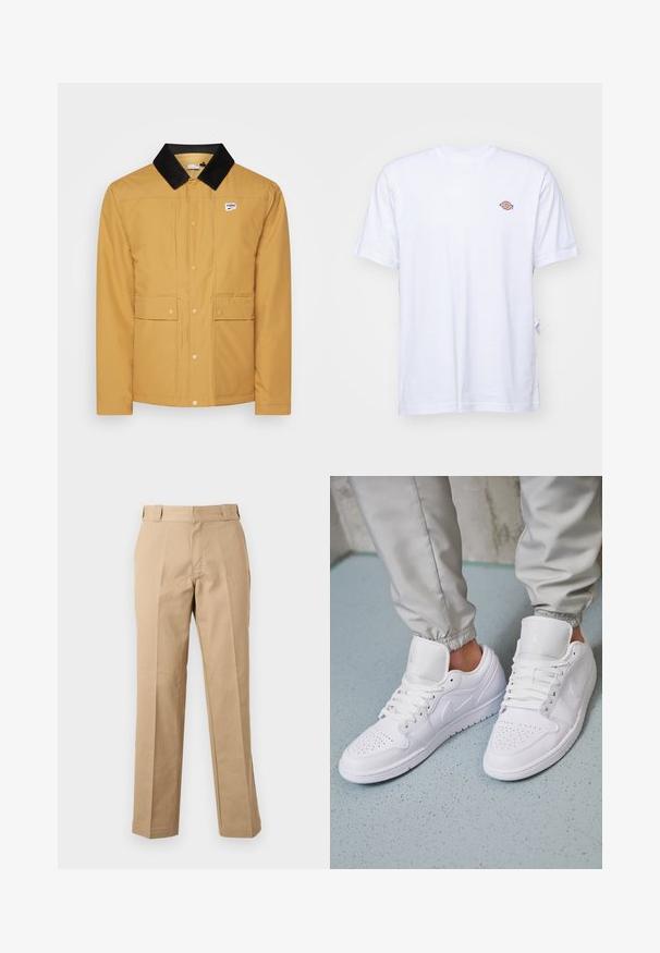 Geel, waterdichte jas met een zwarte corduroy kraag, zichtbare drukknoopsluitingen en twee voorzakken. Bevat een klein Puma-logo.; Witte katoenen t-shirt met een v-hals en korte mouwen. Kenmerkt zich door een klein kleurrijk geborduurd logo op de linkerkant van de borst. Zachte textuur.; Beige rechte broek met riemlussen, een voorrits en gestreken plooien, getoond tegen een effen witte achtergrond.; Witte leren sneakers met een geperforeerde neus, platte veters, een gepolsterde kraag en het Jordan-logo op de tong. Gediend met grijze joggers.