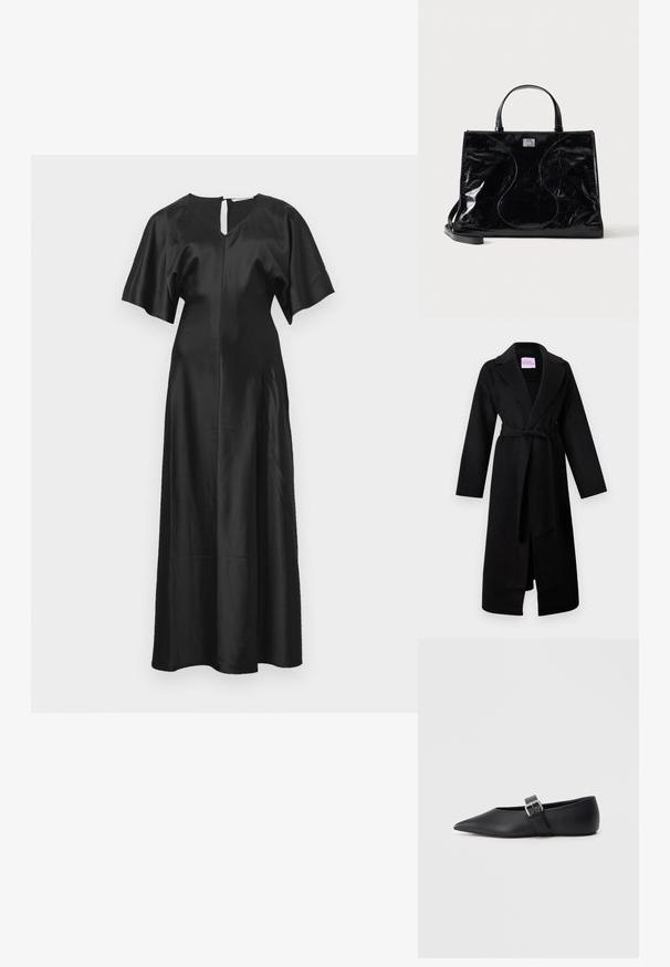 Sort uldfrakke med sjalkrave, lange ærmer, bindebælte i taljen og sidelommer. Har et minimalistisk design og en glat tekstur.; Sort satin kjole med afslappet silhuet, korte flagrende ærmer og åbning i ryggen med nøglehul; har en glat, blank tekstur.; Sort flad sko i læder med spids tå og sidelås. Glat tekstur, minimalistisk design, lav profil. Velegnet til casual brug.; Sort blank læderhåndtaske med korte håndtag, aftagelig skulderrem og subtile buede syninger foran.