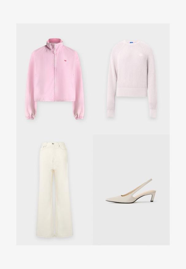 Veste rose clair zippée avec col montant, manches longues avec poignets élastiques, poches latérales et petit logo rouge sur la poitrine.; Pull court rose clair avec texture côtelée, encolure ronde et manches longues. Présente un petit logo sur la poitrine.; Jean évasé taille haute de couleur crème clair, fabriqué en denim. Comprend des poches avant, une fermeture à boutons et zip, ainsi que des coutures visibles.; Escarpins beige à bride arrière avec un bout pointu, côtés ouverts et petit talon bloc. Texture en cuir lisse et design minimaliste.