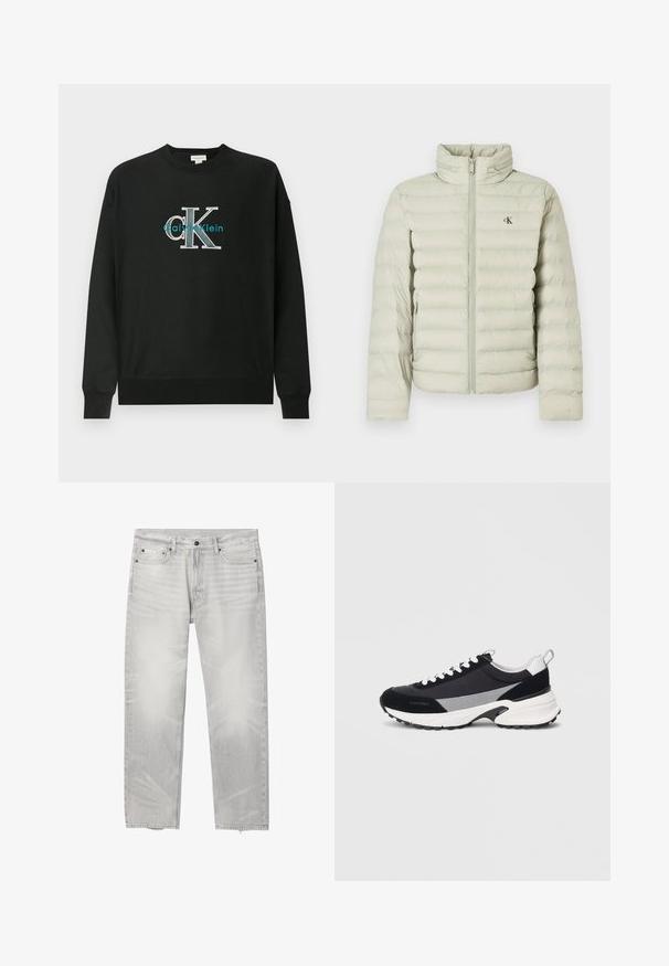 Lysegrå pufferjakke med høj krave, prydet med vandrette syninger, lynlås foran og et lille logo på brystet.; Sort sweatshirt lavet af bomuld med rund hals, lange ærmer og et grafisk logo "CK" i hvid og teal på brystet.; Lysegrå jeans med lige ben, fem lommer, knap- og lynlåslukning samt Calvin Klein-logo på den lille forlommel.; Sort og grå atletiske sneakers med en overdel i blandede materialer, hvide snørebånd og sål, rund form og teksturerede detaljer ved hælen.