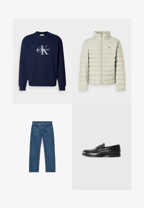 Chaqueta acolchada gris claro con cuello alto, costuras horizontales, cremallera frontal y un pequeño logo en el pecho.; Sudadera de algodón en azul marino con cuello redondo, mangas largas y puños de canalé; presenta un gran logotipo plateado con "Calvin Klein" y "CK."; Pantalones vaqueros azules de mezclilla con corte recto, cuatro bolsillos y detalles de herrajes metálicos. La tela tiene una ligera textura y un lavado uniforme.; Mocasines de cuero negro con punta redondeada, detalles cosidos y suela plana de goma. Presentan una banda ancha sobre el empeine.