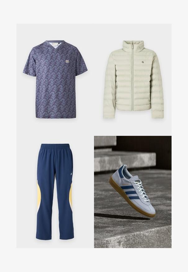 Hellgraue Steppjacke mit hohem Kragen, horizontalen Steppnähten, einem Frontreißverschluss und einem kleinen Logo auf der Brust.; Cleptomanicx RELAY - T-Shirt print - nightshadow blue; Marineblaue Sporthosen mit elastischem Bund. Mit gelben und weißen geschwungenen Akzenten an den Seiten. Weicher, glatter Stoff.; Hellblauer Adidas Spezial Sneaker mit dunkelblauen Streifen und Gummisohle, in der Luft über Betontreppen in neutralem Außenbereich gezeigt.