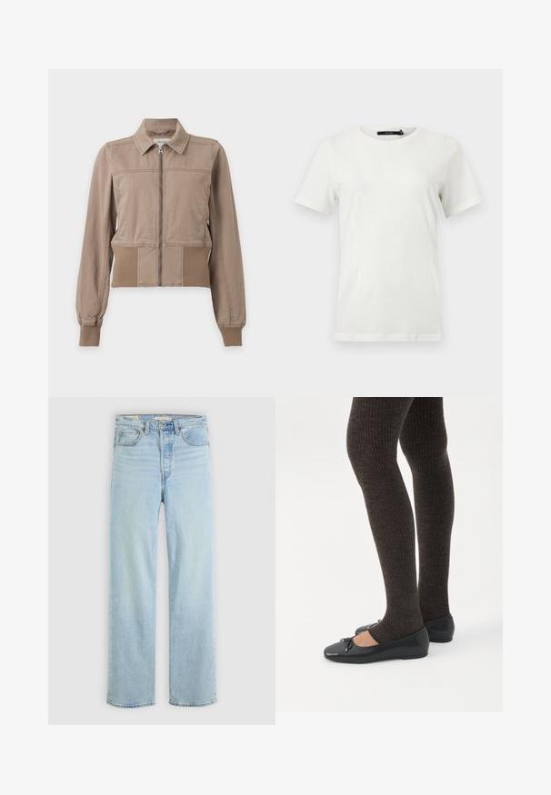 Chaqueta beige con cremallera, cuello, puños y cintura acanalados, confeccionada en tela suave, mostrada sobre un fondo blanco liso.; Camiseta blanca lisa de manga corta con cuello redondo y dobladillo recto, mostrada plana sobre un fondo claro.; Jeans de denim azul claro con corte recto, que cuentan con cinco bolsillos, un cierre de cremallera clásico y costuras visibles.; Piernas con leggings oscuros acanalados combinados con bailarinas negras que presentan pequeños detalles de lazo sobre un fondo blanco.