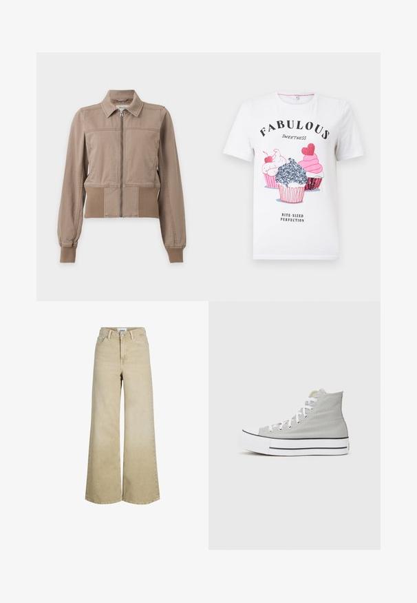 Beige lynlåstrøje med krave, ribkanter ved ærmer og talje, lavet af blødt stof, vist på en ensfarvet hvid baggrund.; Hvid t-shirt med korte ærmer med tre farverige cupcake-illustrationer, teksten "FABULOUS SWEETNESS" over og "BITE-SIZED PERFECTION" under.; Beige højttaljede vidde-benet jeans med knap og lynlås foran, bæltestropper og forlommer.; Høj-top sneakers i lys grå canvas, med hvide snørebånd, en hvid gummisål og en sort stribe langs bunden.