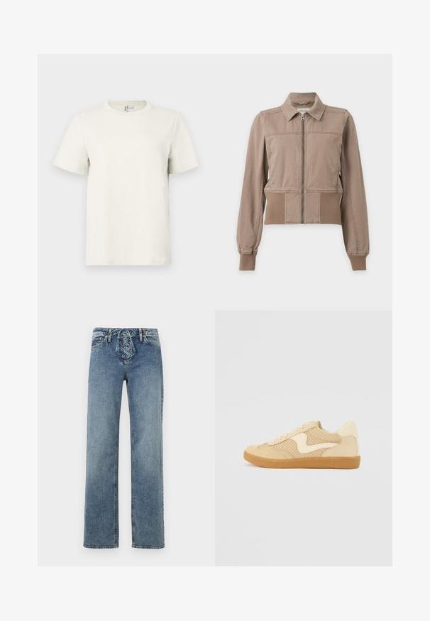 Veste beige zippée avec col, poignets et taille côtelés, en tissu doux, présentée sur fond blanc.; T-shirt en coton beige clair avec col rond, manches courtes et coupe régulière. Texture lisse et design minimaliste sans motifs ni accents.; Jean en denim bleu avec jambes droites et fermeture avant à lacets avec œillets en métal, présenté sur un fond blanc.; Sneaker beige avec des matériaux en daim et en maille, forme arrondie, col rembourré proéminent et semelle en caoutchouc gomme. Présente un accent de design en forme de vague.