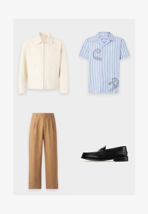 Veste couleur crème avec un col structuré, fermeture éclair à l'avant et poches latérales. Fabriquée dans un matériau lisse, avec un design minimaliste.; Chemise à manches courtes, rayée bleu clair, ornée d'une broderie de pieuvre noire sur le côté gauche et d'un design à boutons à l'avant.; Pantalons marron à jambes larges en tissu lisse. Présentent une taille haute avec des plis, des passants de ceinture et une poche avant.; Mocassin homme en cuir noir avec un petit talon et une couture de style mocassin sur l'avant, vu de côté sur un fond uni.