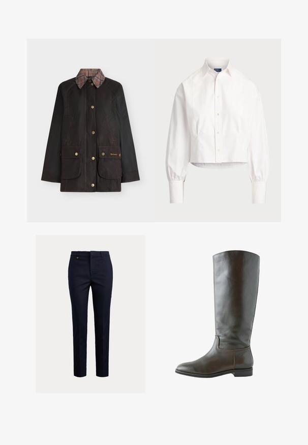 Veste cirée marron foncé avec col à carreaux, fermeture à boutons sur l'avant et deux grandes poches à boutons-pression étiquetées Barbour en bas à l'avant.; Chemise blanche courte à boutons en coton. Dotée d'un col pointu, de manches longues bouffantes et de coutures légèrement courbées. Design classique.; Pantalon chino marine en mélange de coton, coupe fuselée, devant plat, poches latérales et une poche arrière unique ; orné d'un petit logo doré.; Botte en cuir marron montant, avec une texture lisse, un bout arrondi et peu de détails de couture. Semelle plate avec un petit talon.