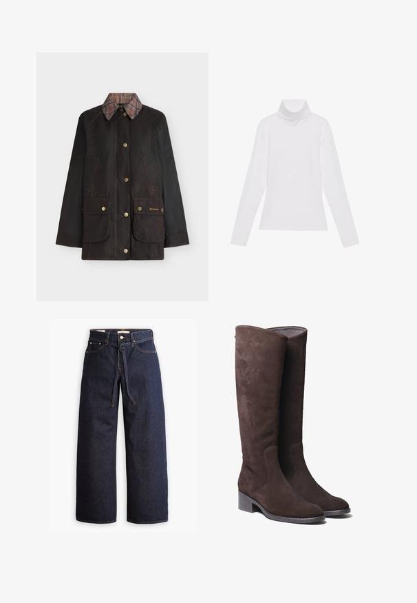 Donkerbruine gewaxte jas met geruite kraag, knoopsluiting aan de voorkant en twee grote drukknopenzakken met het label Barbour aan de onderkant voor.; Witte lange mouw turtleneck top gemaakt van glad, elastisch materiaal. Voorzien van een hoge kraag en een getailleerd ontwerp, zonder zichtbare patronen of versieringen.; Wijd pijpjes donkerblauwe denim jeans met een hoge taille, voorzien van een trekkoord, vijf zakken en contrasterende stiksels.; Bruine suède kniehoge laarzen met een licht afgeronde neus en een lage blokhak. Kenmerkt zich door subtiele stikdetails langs de zijkanten.
