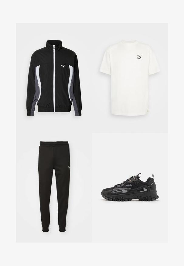 Puma CELLERATOR TRACK JACKET - Suvejakk - black galactic gray; Valge puuvillane T-särk ümarate kaelustega ja lühikeste varrukatega. Rinnal on must Puma logo ja külje peal väike logo silt.; Mustad mustriga spordipüksid, kitseneva lõikega, elastse vöökohtaga, küljetaskutega ja valgete külgmiste triipudega. Vasakul reiel on väike logo.; Mustad mustad, millel on võrkpind ja sünteetiline ülemine osa, kummist tald, ümar varvas ning peegeldavad aktsendid külgedel ja paeltes.
