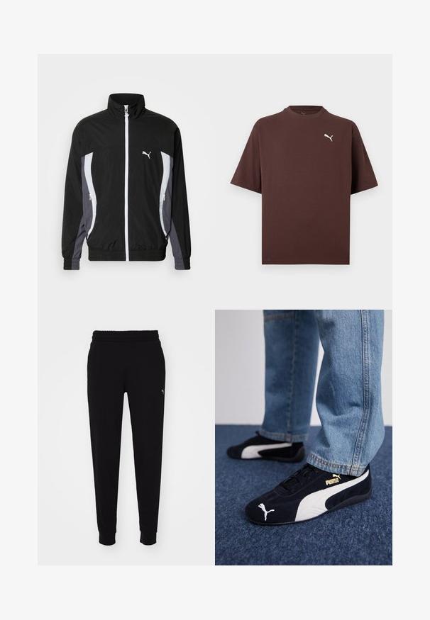 Puma CELLERATOR TRACK JACKET - Suvejakk - black galactic gray; Pruun lühikeste varrukatega ümara kaelusega T-särk, mille vasakul rinnal on väike valge Puma logo, valgel taustal.; Mustad mustad, pehmest kangast, elastse vöödega, kitsaste jalgadega ja külje peal väikese logoga.; Mustad nubukist kingad valgete aktsentidega, millel on kullavärvi logo. Kandmine helesinine teksapükstega ja asetatud tekstuursele sinisele pinnale.