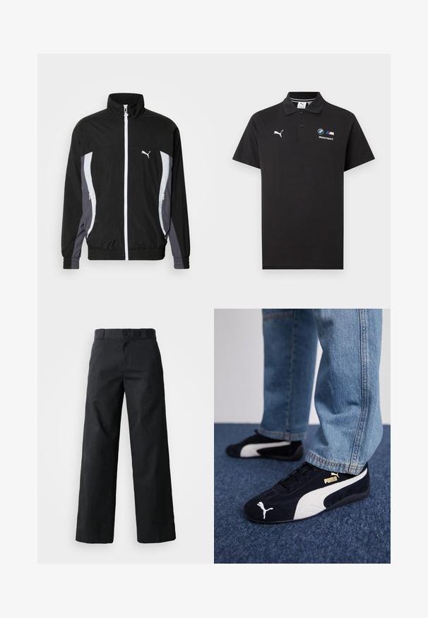 Puma CELLERATOR TRACK JACKET - Chaqueta fina - black galactic gray; Camiseta polo negra con el logo de Puma en el pecho izquierdo y el logo de BMW Motorsport en el pecho derecho, con cuello con dos botones y mangas cortas.; Pantalones de pierna ancha negros hechos de algodón. Cuenta con cierre de botón, lazos para cinturón y bolsillos laterales. Textura suave con un corte ajustado.; Zapatillas de ante negras con acentos blancos, que presentan un logo dorado. Combinadas con unos jeans de mezclilla azul claro y colocadas sobre una superficie texturizada azul.
