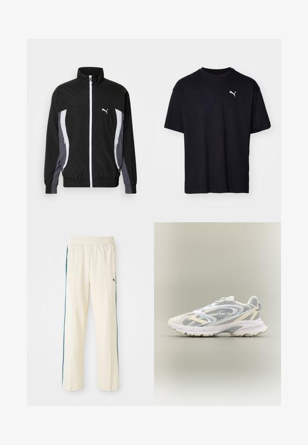 Puma CELLERATOR TRACK JACKET - Suvejakk - black galactic gray; Must ärav t-särk lühikeste varrukatega, ümmargune kaelus ja valge Puma logo vasakul ülaosas rinnal. Klassikaline lõige, sile tekstuur.; Kreemivärvi treeningpüksid tekstureeritud viimistlusega, tumeroheline külgmine triip ja elastne vöökoht. Ikoniline logo puusas.; Valge sportlik king, millel on hallid võrkdetaile, tekstuuriga kate, pehmendustega krae ja kummist sisetald, millel on väikesed haarepunktid.