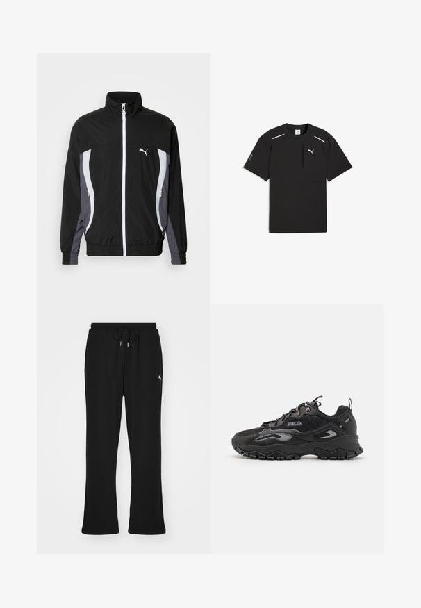 Puma CELLERATOR TRACK JACKET - Suvejakk - black galactic gray; Must lühikeste varrukatega Puma Tech T-särk, millel on valge logo rinnal, tõmblukuga tasku paremal ees ning helkurribad õlgade lähedal.; Mustad mustad püksid elastse vöökoha ja paeluugiga, küljetaskud ja peen logo vasakul jalal. Pehme kangas, laienev lõige.; Mustad mustad, millel on võrkpind ja sünteetiline ülemine osa, kummist tald, ümar varvas ning peegeldavad aktsendid külgedel ja paeltes.