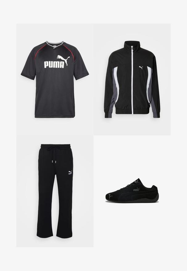 Puma CELLERATOR TRACK JACKET - Letná bunda - black galactic gray; Čierne športové tričko Puma s krátkymi rukávmi, biele logo, červené akcenty na pleciach a výstrih v tvare V. Vyrobené z ľahkého materiálu.; Čierne tepláky s elastickým pásom na šnúrku, ktoré majú rebrovaný pás a bočné vrecká. Logo Puma je umiestnené na ľavom stehne.; Čierne semišové športové topánky s nízkym profilom. Majú textúrovaný dizajn, čiernu gumovú podrážku a strieborné akcenty loga Puma.