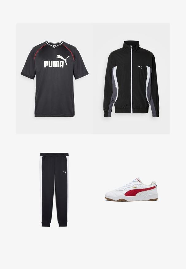 Puma CELLERATOR TRACK JACKET - Let jakke / Sommerjakker - black galactic gray; Sort Puma sportstrøje med korte ærmer, hvidt logo, røde detaljer langs skuldrene og v-udskæring. Fremstillet af letvægtsmateriale.; Sorte træningsbukser med hvide sidelommer, lynlåslommer, elastisk talje og ribbede ankler. Har logo på venstre lår.; Hvide sneakers med røde accenter, gummisål, polstret krave, overdel i læder og syntetisk materiale, med et guldlogo på siden og struktureret detaljering.