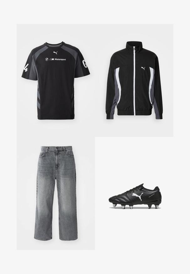 Puma CELLERATOR TRACK JACKET - Let jakke / Sommerjakker - black galactic gray; Sort t-shirt med grå accenter, korte ærmer, rund halsudskæring, med BMW- og Puma-logoer og tallet '4' på ærmet.; Grå denim wide-leg jeans med falmet tekstur, fem lommer og lukning med knap foran. Lige snit fra talje til kant.; Sorte fodboldstøvler med tekstureret materiale, hvidt Puma-logo, snørebåndslukning og metalstifter for godt greb. Designet understreger ydeevne og støtte.