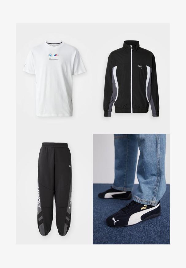 Puma CELLERATOR TRACK JACKET - Leichte Jacke - black galactic gray; Weißes Baumwoll-T-Shirt mit dem BMW-Logo, grauem "Motorsport"-Text und farbigen Akzenten an den Seiten. Kurze Ärmel und Rundhalsausschnitt.; Schwarze Jogginghosen aus weichem Material. Mit elastischem Bund, schmal zulaufenden Beinen, grauen Akzenten und weißen Logos an den Seiten.; Schwarze Wildledersneaker mit weißen Akzenten und einem goldenen Logo. Getragen mit hellblauen Jeans und auf einer strukturierten blauen Oberfläche platziert.