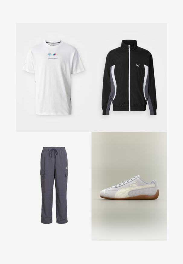 Puma CELLERATOR TRACK JACKET - Letná bunda - black galactic gray; Biela bavlnená tričko s logom BMW, textom "Motorsport" v šedej farbe a farebnými akcentmi na bočných stranách. Krátke rukávy a dizajn s okrúhlym výstrihom.; Tmavšie sivé voľné cargo nohavice s elastickým pásom, šnúrkou a klopovými vreckami na bokoch, s logom Puma na pravom stehne.; Svetlosivá semišová teniska Puma s bielym pásikovým detailom a gumovou podrážkou, pohľad z vonkajšej strany na neutrálne pozadie.