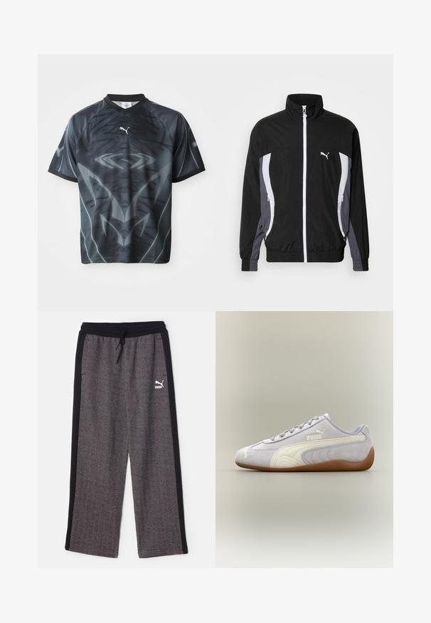 Puma CELLERATOR TRACK JACKET - Lichte jas - black galactic gray; Korte mouwen zwart en grijs sportshirt met een tribal-achtige patronen en een klein wit Puma-logo op de voorkant.; Puma RELAXED TRACK PANTS - Trainingsbroek - black/alpine snow; Lichtgrijze Puma suède sneaker met witte streepdetail en rubberen zool, gezien vanaf de buitenkant tegen een neutrale achtergrond.