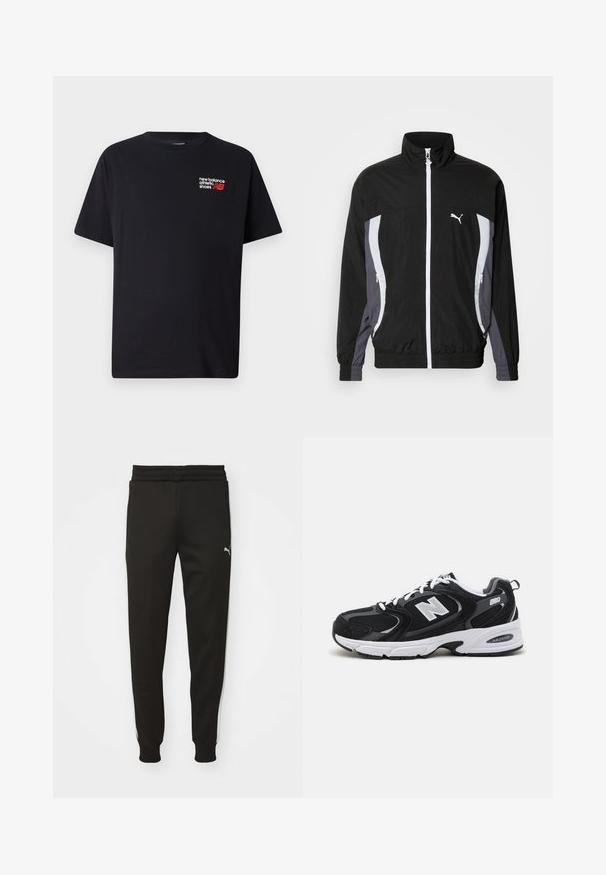 Puma CELLERATOR TRACK JACKET - Let jakke / Sommerjakker - black galactic gray; Sort bomulds T-shirt med rund halsudskæring. Har et lille rødt og hvidt "New Balance" logo og tekst på den øverste venstre brystområde.; Sorte træningsbukser med tapered fit, elastisk talje, sidelommer og hvide side-striber. Har et lille logo på venstre lår.; Sorte og grå sportssko med mesh og ruskind på overdelen, der har en hvid mellemsål, snørebånd og et iøjnefaldende "N" logo på siden.
