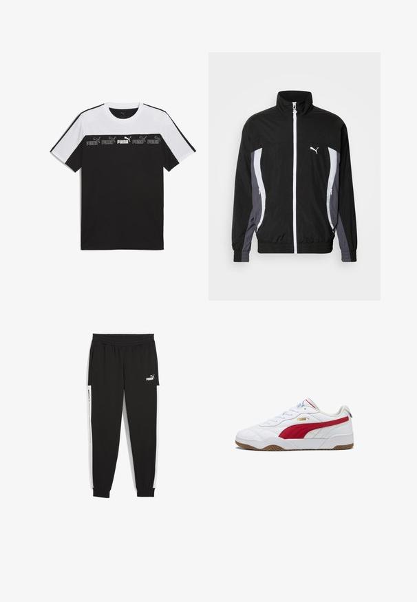 Puma CELLERATOR TRACK JACKET - Let jakke / Sommerjakker - black galactic gray; Sort og hvid kortærmet T-shirt lavet af bomuld, med et iøjnefaldende PUMA-logo i midten og et tekstureret design over brystet.; Sorte joggerbukser med elastisk talje, sidelommer og hvide sidelommer. Har "PUMA" logo i hvid på fronten.; Hvide sneakers med røde accenter, gummisål, polstret krave, overdel i læder og syntetisk materiale, med et guldlogo på siden og struktureret detaljering.