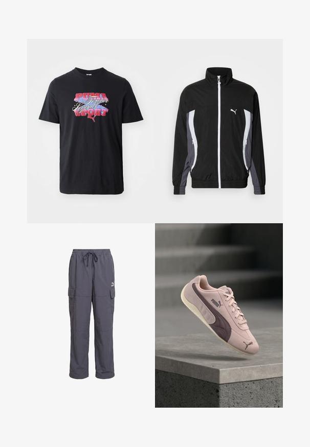 Puma CELLERATOR TRACK JACKET - Letná bunda - black galactic gray; Čierne tričko s krátkym rukávom vyrobené z bavlny, s farebnou grafickou potlačou a textom "PUMA Forever Legends SPORT."; Tmavšie sivé voľné cargo nohavice s elastickým pásom, šnúrkou a klopovými vreckami na bokoch, s logom Puma na pravom stehne.; Svetloružové semišové tenisky s tmavo fialovým bočným pruhom a textúrovanými detailmi. Majú šnurovací dizajn a gumovú podrážku s logom.