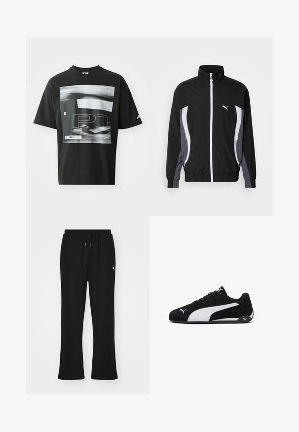 Puma CELLERATOR TRACK JACKET - Let jakke / Sommerjakker - black galactic gray; Sort bomulds T-shirt med grafisk tryk, der inkluderer tekstelementerne "FORMULA 1 RACING" og "P1." Rund hals og korte ærmer.; Sorte sweatpants med elastisk talje og snor, med sidelommer og et diskret logo på venstre ben. Blødt stof, flagrende form.; Sorte ruskinds sportsko med en hvid lateralstribe, hvide mærkeaccenter, flad sort sål og sorte snørebånd.