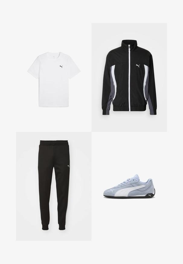Puma CELLERATOR TRACK JACKET - Leichte Jacke - black galactic gray; Weißes Baumwoll-T-Shirt mit kurzen Ärmeln und Rundhalsausschnitt, mit einem kleinen schwarzen Puma-Logo auf der oberen linken Brustseite.; Schwarze Sporthose mit schmalem Schnitt, elastischem Bund, Seitentaschen und weißen Seitestreifen. Mit einem kleinen Logo auf dem linken Oberschenkel.; Hellblauer Wildleder-Sneaker mit weißen Akzenten, perforierter Textur und schwarzer Gummisohle. Verfügt über Schnürsenkel und ein seitliches Logo.
