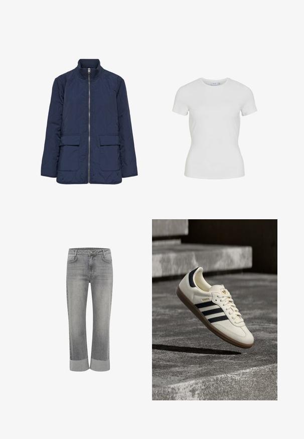 Marineblaue gesteppte Jacke mit durchgehendem Frontreißverschluss, hohem Rippkragen und zwei aufgesetzten Fronttaschen mit Klappe.; Weißes, figurbetontes T-Shirt mit kurzen Ärmeln und Rundhalsausschnitt, mit einem kleinen Markenetikett innen am Kragen.; Graue Denim-Jeans mit einem geraden Bein-Design und einem umgeschlagenen Saum. Klassischer Fünf-Taschen-Stil und eine vordere Knopfleiste.; Weißer Adidas Samba Sneaker mit schwarzen Streifen und Gummisohle, schwebend über strukturierten grauen Betontreppen.