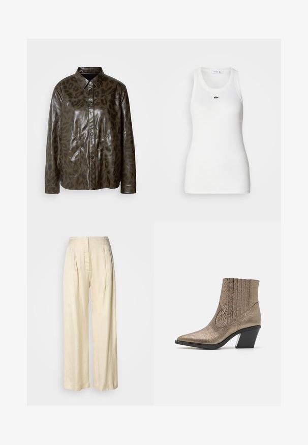 Donkergroene leren jas met glanzende afwerking, knoopsluiting, spitse kraag en een bruin luipaardprintpatroon. Heeft twee voorke pocket.; Witte mouwloze tanktop met een ronde hals en geribbelde textuur. Heeft een klein groen Lacoste krokodillogo op de borst.; Crèmekleurige zijden broek met hoge taille, plooien, brede pijpen en een verborgen rits aan de voorkant, afgebeeld tegen een effen witte achtergrond.; Metalen bronzen enkelboot met een spitse neus, textuur oppervlak, verticale uitsparingen en een blokhak met een doorzichtig accent.
