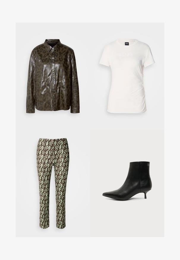 Chaqueta de cuero verde oscuro con acabado brillante, cierre de botones, cuello puntiagudo y patrón de leopardo marrón. Cuenta con dos bolsillos en la parte frontal.; Camiseta blanca de manga corta hecha de algodón suave; presenta un logo texturizado de "BOSS" en el frente y un detalle de fruncido en el costado.; Pantalones de color marrón y verde con un diseño de hojas, de corte ajustado, con una textura suave y sin cremalleras ni bolsillos visibles.; Botín de piel negra con puntera puntiaguda y tacón bajo estilo kitten sobre fondo claro, mostrando vista lateral exterior.