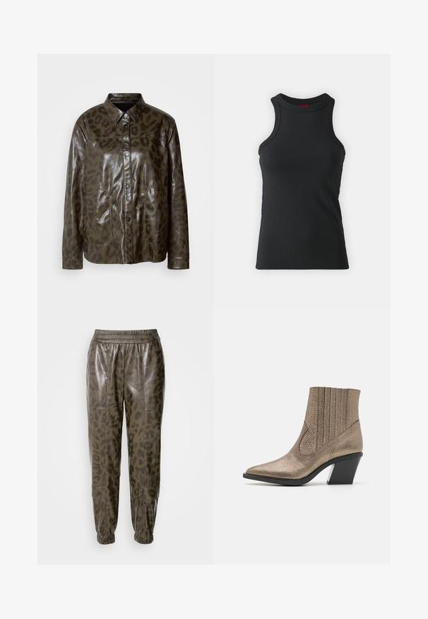 Donkergroene leren jas met glanzende afwerking, knoopsluiting, spitse kraag en een bruin luipaardprintpatroon. Heeft twee voorke pocket.; Zwarte mouwloze tanktop gemaakt van rekbare stof. Heeft een ronde hals en een aansluitende snit met minimale stikdetails.; Olijfgroene neplederen joggers met een luipaardprintpatroon, voorzien van een elastische tailleband en boordjes bij de enkels, een soepele textuur en zakken.; Metalen bronzen enkelboot met een spitse neus, textuur oppervlak, verticale uitsparingen en een blokhak met een doorzichtig accent.