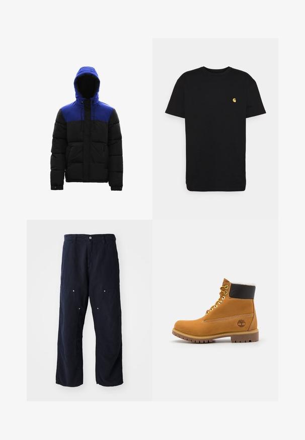 Daunenjacke mit der oberen Hälfte in Blau und der unteren Hälfte in Schwarz. Verfügt über eine Kapuze, Reißverschlusstaschen und eine gesteppte Textur zur Isolierung.; Schwarzes Baumwoll-T-Shirt mit kurzen Ärmeln, Rundhalsausschnitt und einem kleinen gelben Logo im linken Brustbereich. Einfaches Design und normale Passform.; Helle königsblaue Cargohose aus Baumwolle mit strukturierter Oberfläche. Verfügt über zwei Fronttaschen mit Knopfakzenten und einen Frontknopfverschluss.; Braune Leder-Ankle-Boots mit Metallösen, weißem Kunstfellfutter, schwarzem gepolstertem Kragen, robustem Sohlenprofil und geprägtem Logo an der Seite.